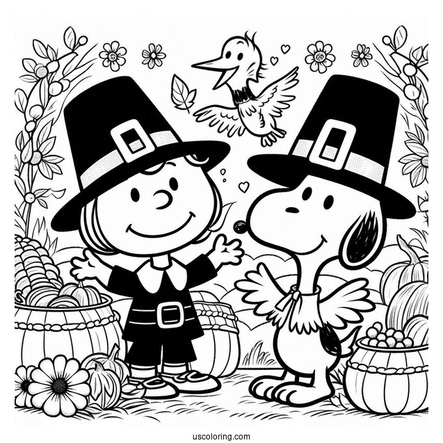 Pilgrim Coloring Page Snoopy And Woodpecker Celebrating Thanksgiving