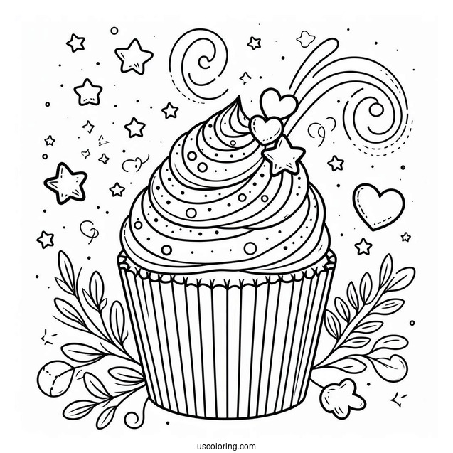Cupcake With Stars And Love Heart To Color