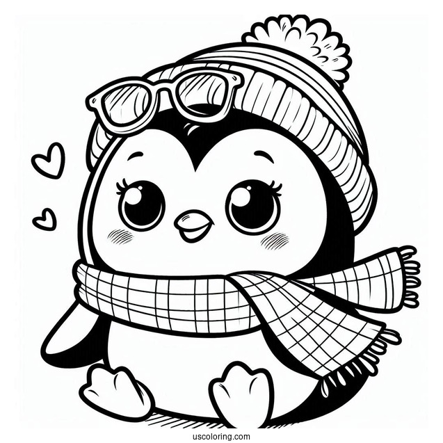 Happy Little Penguin Wearing Scarf Coloring In