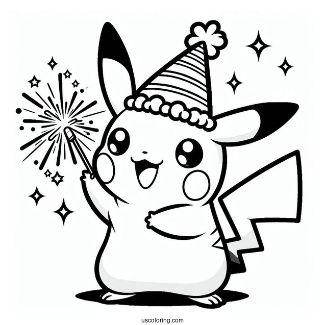 Pikachu With A Party Hat And Sparklers On The New Year Coloring Page For Preschoolers