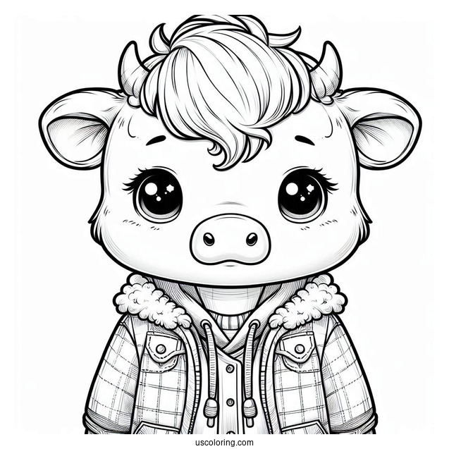 Cute Baby Cow Wearing A Jacket Coloring Pictute