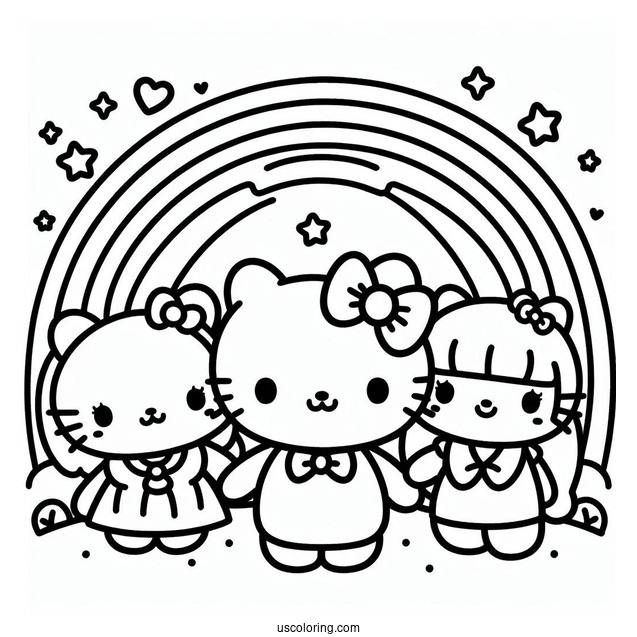 Sanrio Coloring Pages Of Friends In Front Of Rainbow