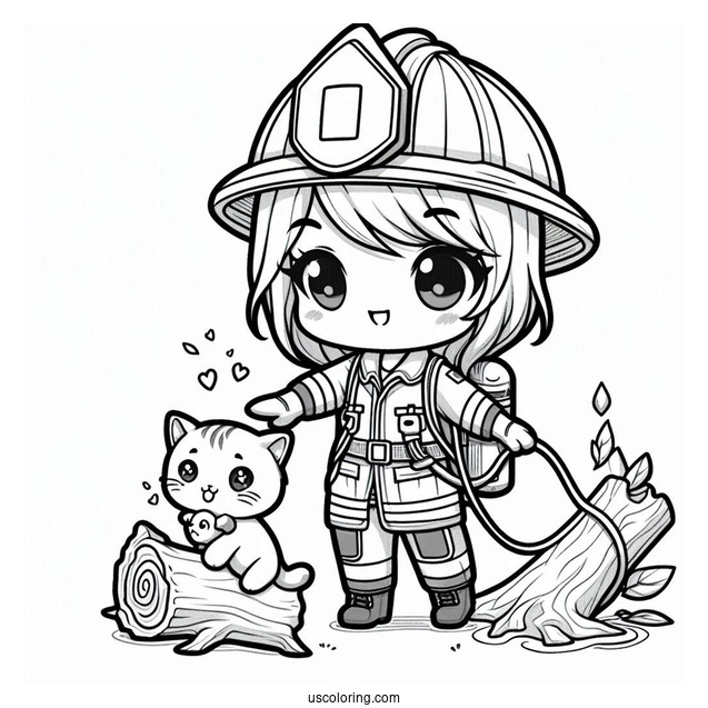 Heroic Chibi Coloring Page Firefighter Saving a Kitten from a Tree