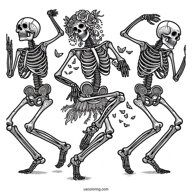 Detailed Adult Skeleton Coloring Page Dancing