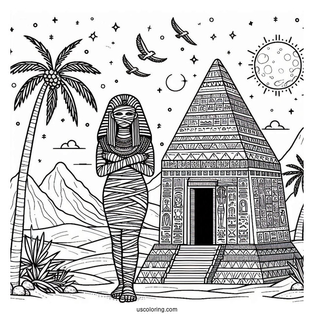 Egyptian Mummy Outside The Pyramid Coloring Sheet