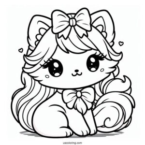 Kawaii Female Cat With Bow Coloring In