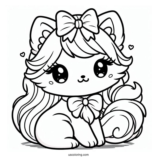 Kawaii Female Cat With Bow Coloring In