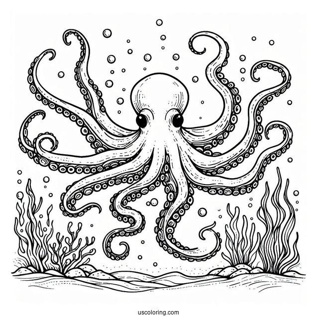 Scary Octopus Coloring Page Swimming In The Ocean
