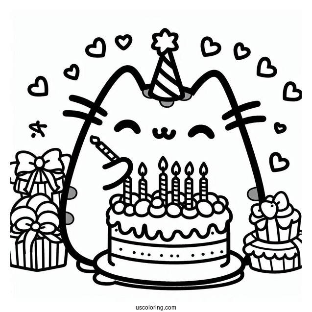 Pusheen Happy Birthday Coloring Page