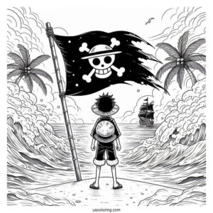 Luffy Coloring Page Standing In Front Of Straw Hat Pirate Flag With Mist