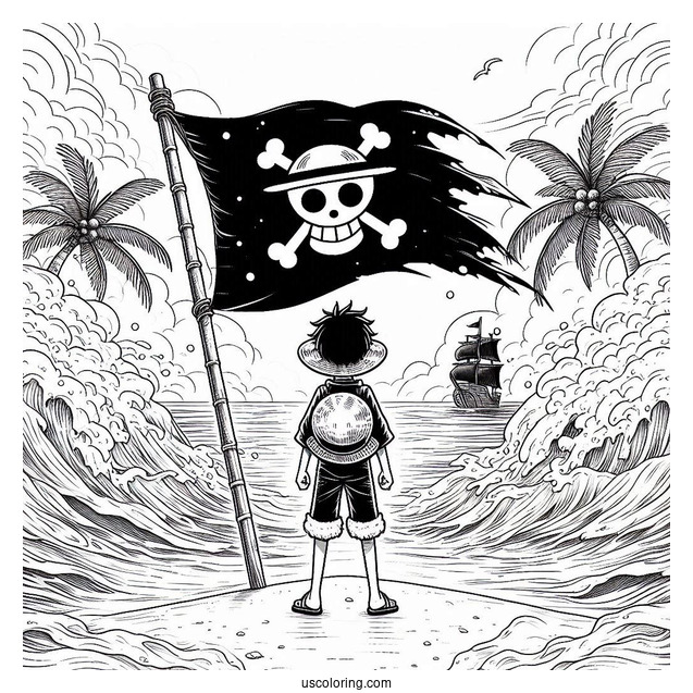 Luffy Coloring Page Standing In Front Of Straw Hat Pirate Flag With Mist