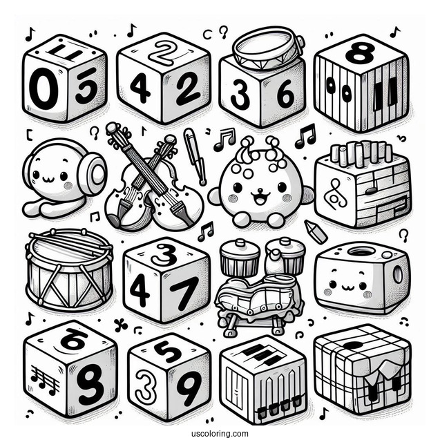 Numberblocks Coloring Page1, 2,3,4,5 Playing Musical Instruments