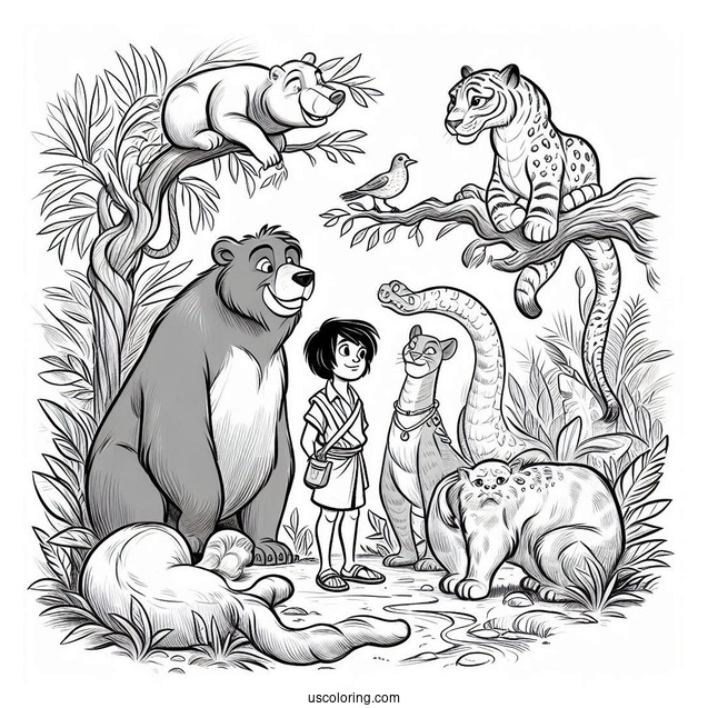 Jungle Book Coloring Page Of Baloo, Mowgli, Kaa, King Louie, And Bagheera