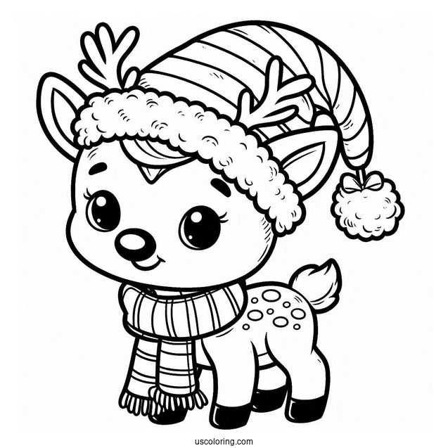 Easy Rudolph Coloring Page Wearing A Santa Hat And A Scarf