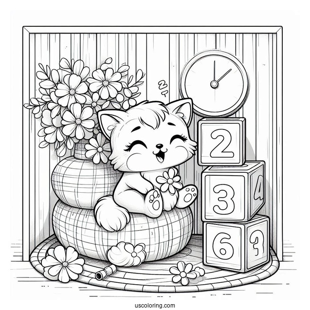 Poppy Playtime Coloring Page Of Cute Catnap Sitting In A Corner With Number Blocks