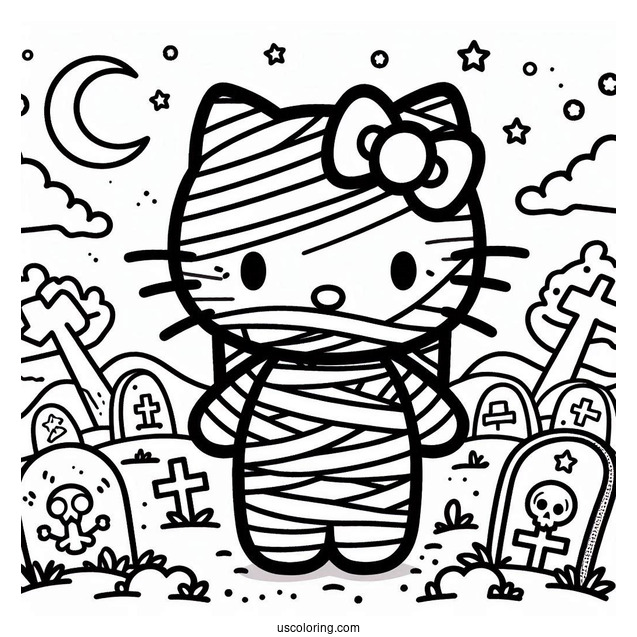 Hello Kitty Mummy Coloring Page In The Cemetery For Kids