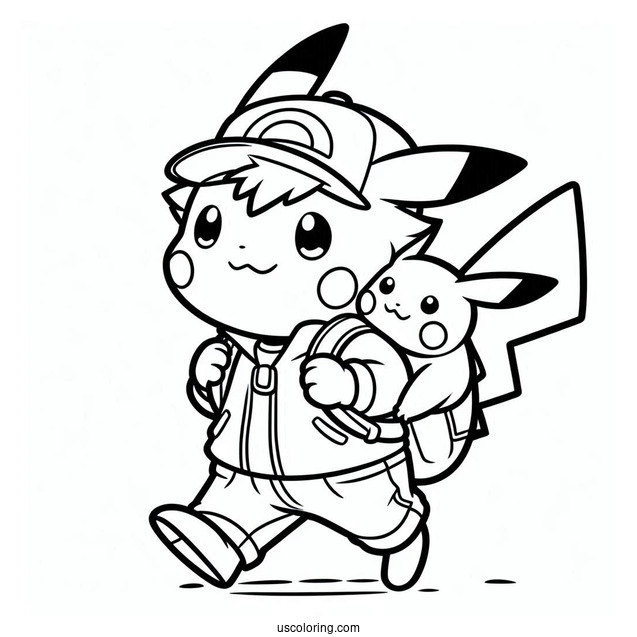 Simple Outline Of Ash Carrying Pikachu Coloring Page