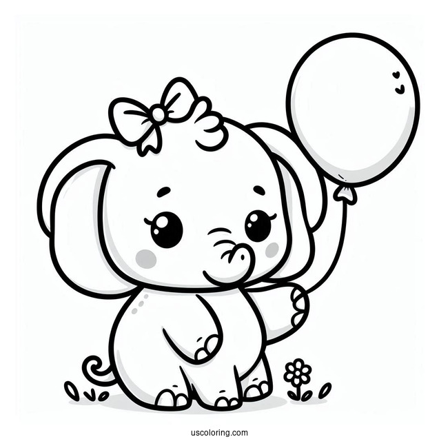Kawaii Elephant Holding Balloon Coloring For Preschoolers