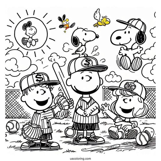 Coloring Page Of Peanuts Gang Playing Baseball
