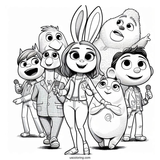Sing Coloring Page Of Gunter, Rosita, Buster Moon, Johnny, Ash, And Meena In Sing Poster