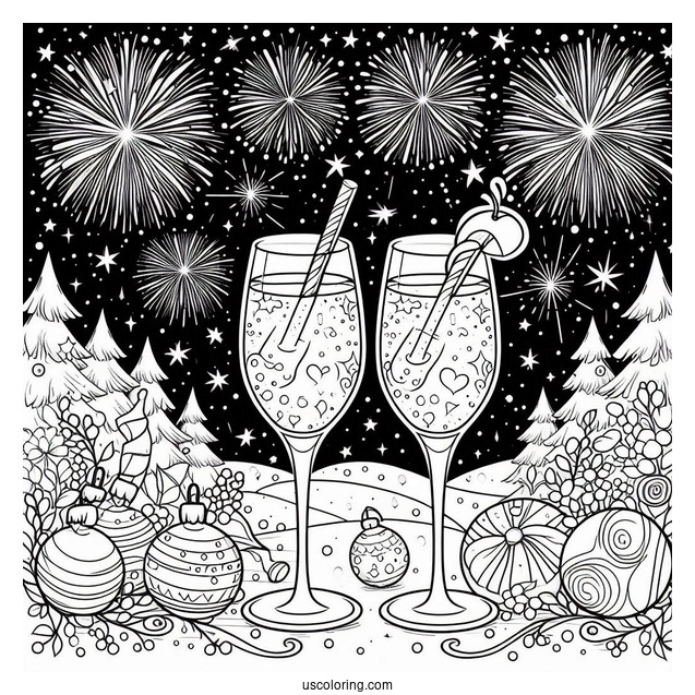 New Year Coloring Page Of Bubbly Wineglasses With Fireworks In The Background