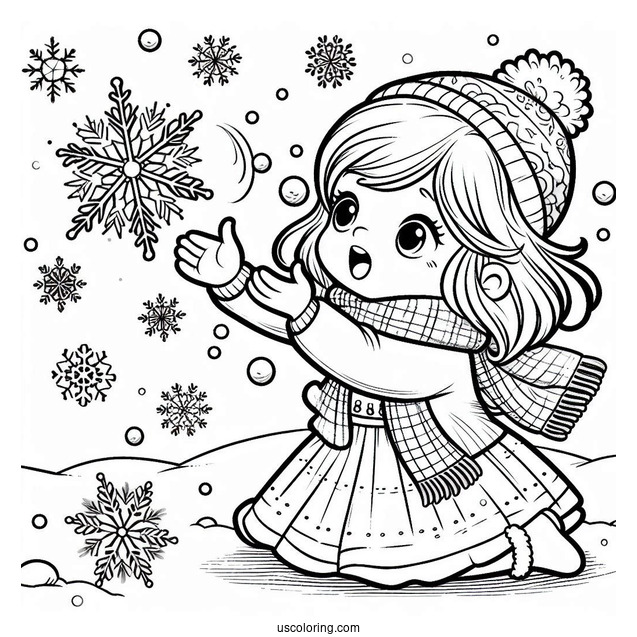 Little Girl Trying To Catch Snowflake Coloring Page