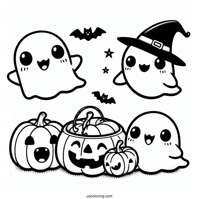 Kawaii Ghosts With Fangs Hanging Around A Jack O Lantern