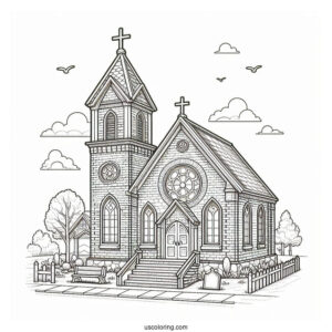 Brick Church Coloring Page Building With Crosses And A Bell Tower