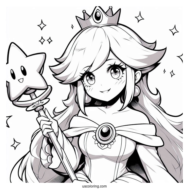 Anime Rosalina Coloring Page Holding Up Star Wand