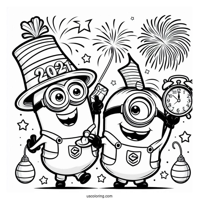 Cute Minion Waving While The Clock Strikes Twelve On New Year Coloring Page