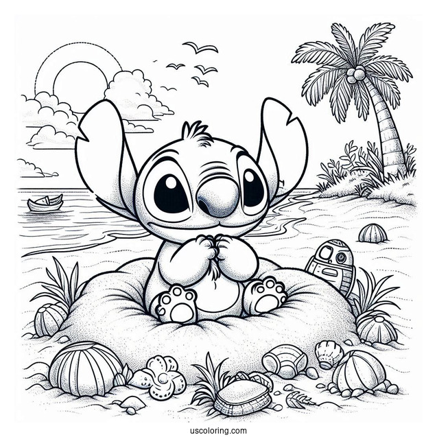 Stitch Burying Himself In The Sand At The Beach