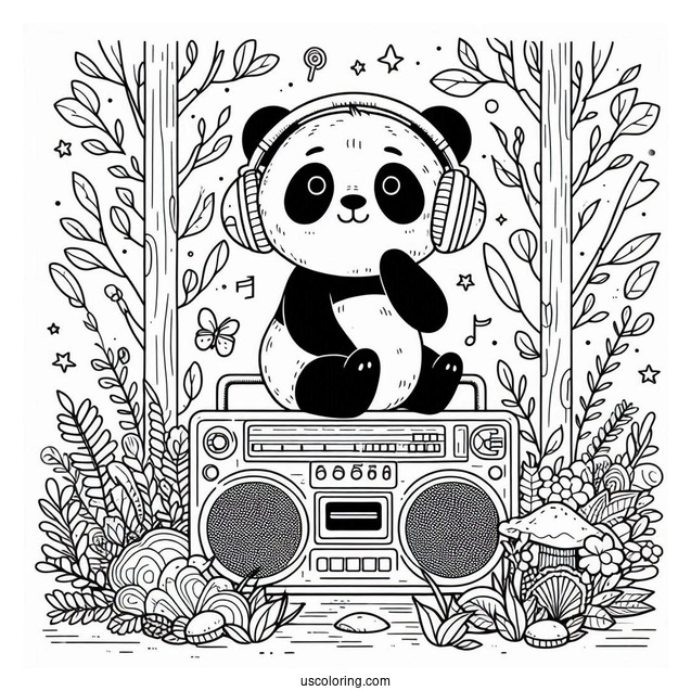 Retro Forest Panda Coloring Page Listening to Boombox