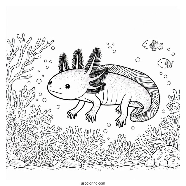 Swimming Axolotl Coloring Page Surrounded By Corals