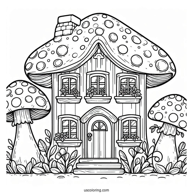 Mushroom Coloring Page House With Two Windows