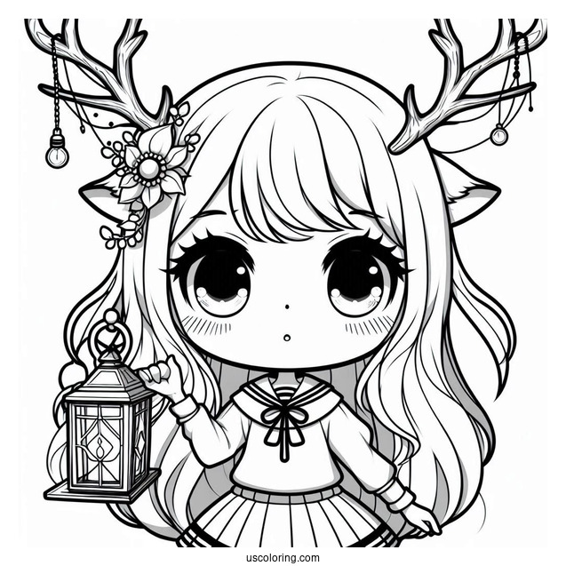 Chibi Girl With Large Antlers Holding A Lamp