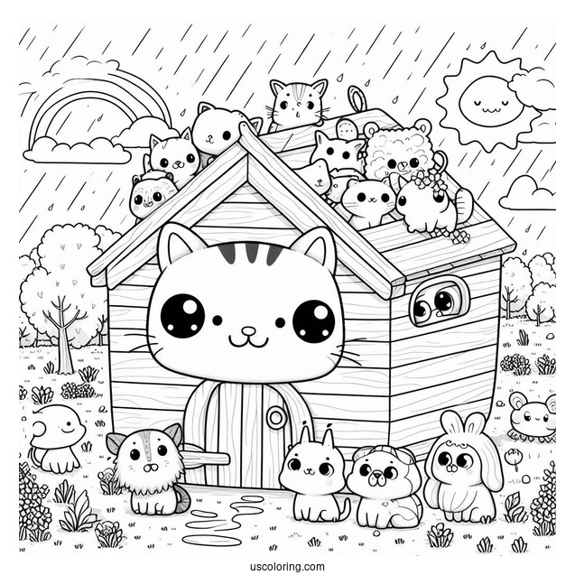 Kawaii Animals Looking Out Of Noah's Ark Coloring Page