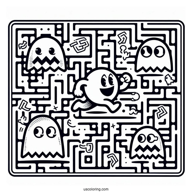 Inky, Blinky, Pinky, And Clyde Ghosts Chasing Pac-Man Coloring Page In Maze