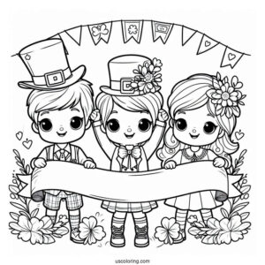 Three Children Holding Up A St. Patrick's Day Coloring Page Banner