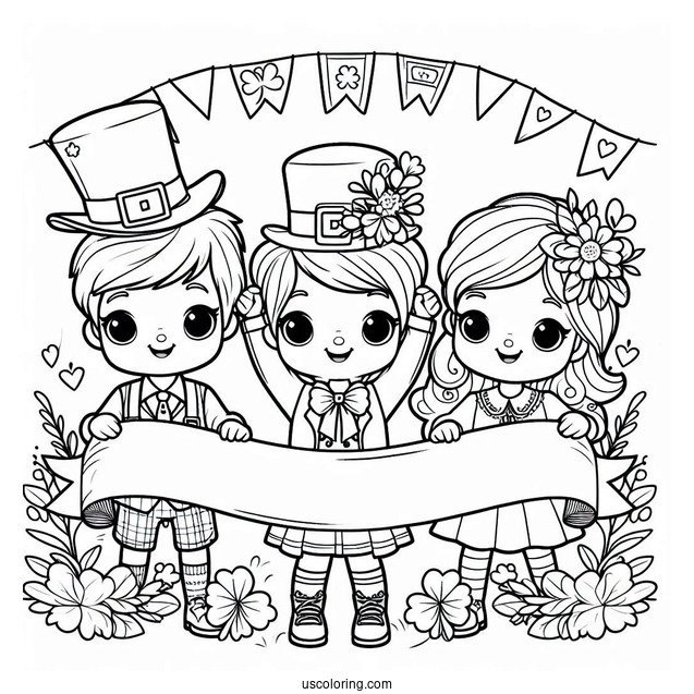 Three Children Holding Up A St. Patrick's Day Coloring Page Banner