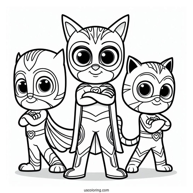 PJ Masks Coloring Page Of Simple Owlette, Gekko, And Catboy Standing With Arms Crossed