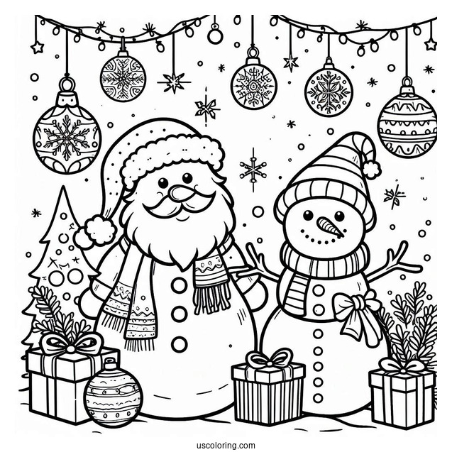 Santa And Snowman To Color With Ornaments And Presents
