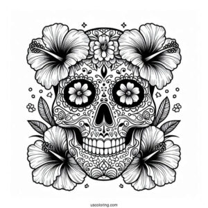Detailed Sugar Skulls Coloring Page Design With Hibiscus Flowers
