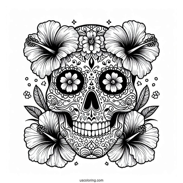 Detailed Sugar Skulls Coloring Page Design With Hibiscus Flowers