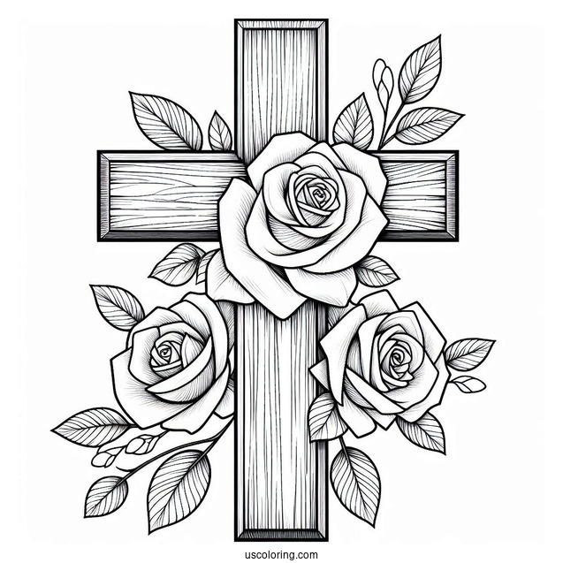Wooden Cross With Roses To Color