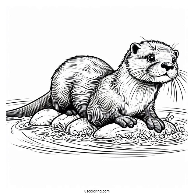 Realistic Otter Coloring Page Floating On River