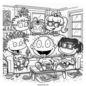 Rugrats Coloring Page Of Rugrats Tommy, Angelika, Chuckie, Susie, Lillian, And Philip In Living Room