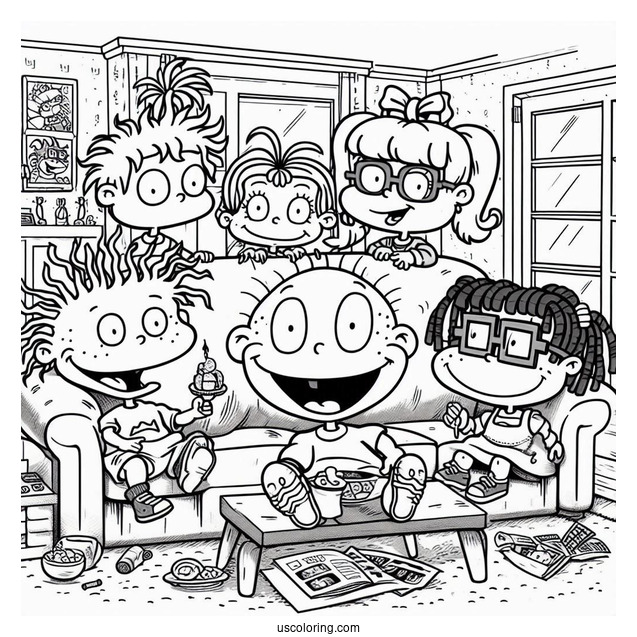 Rugrats Coloring Page Of Rugrats Tommy, Angelika, Chuckie, Susie, Lillian, And Philip In Living Room