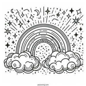 Sparkling Rainbow In Cloudy Sky Coloring Sheet