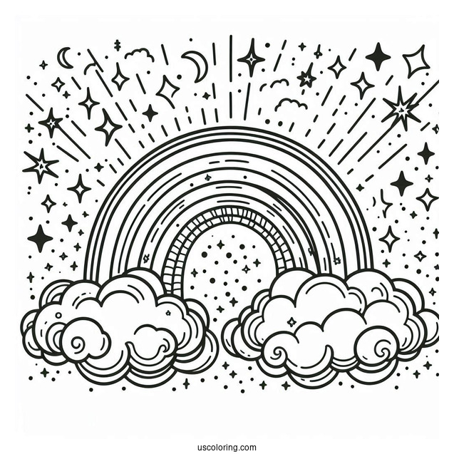 Sparkling Rainbow In Cloudy Sky Coloring Sheet