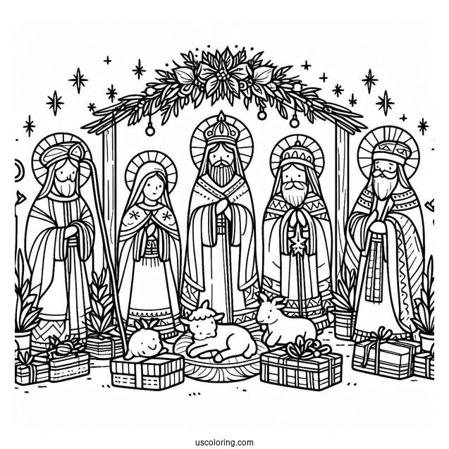 Simple Nativity Coloring Page With The Wise Men